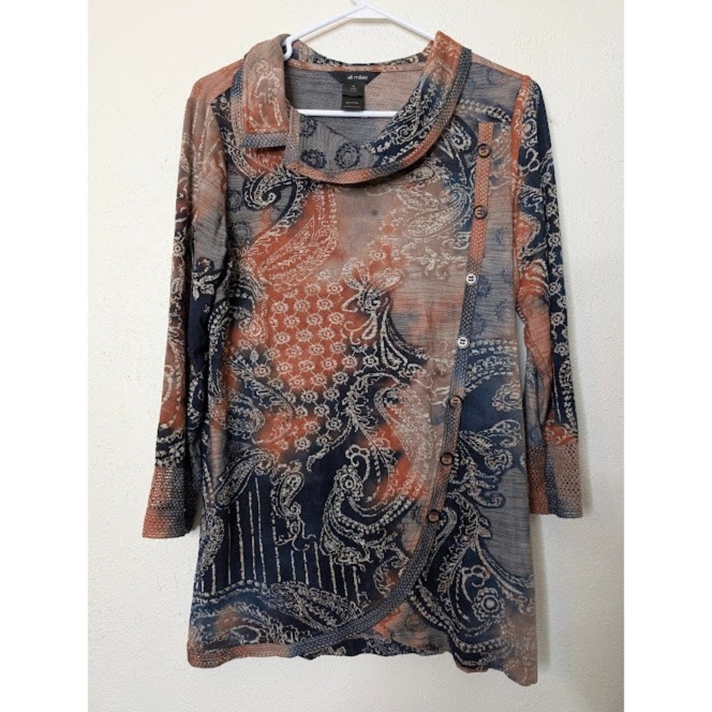 Ali Miles‎ Top Womens Button Cowlneck Blue Mixed Print Tunic Artsy Knit Mesh